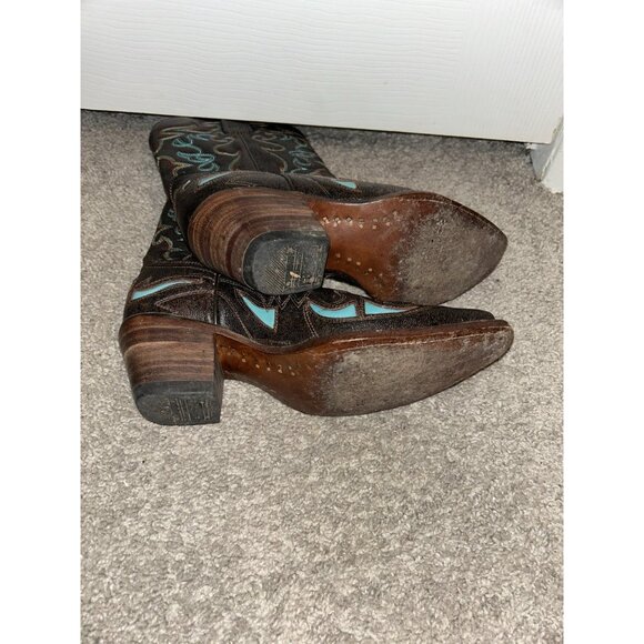 Corral Brown and Turquoise Embroidered Western Inlay Snip Toe Boots Size 6 M - Picture 7 of 10